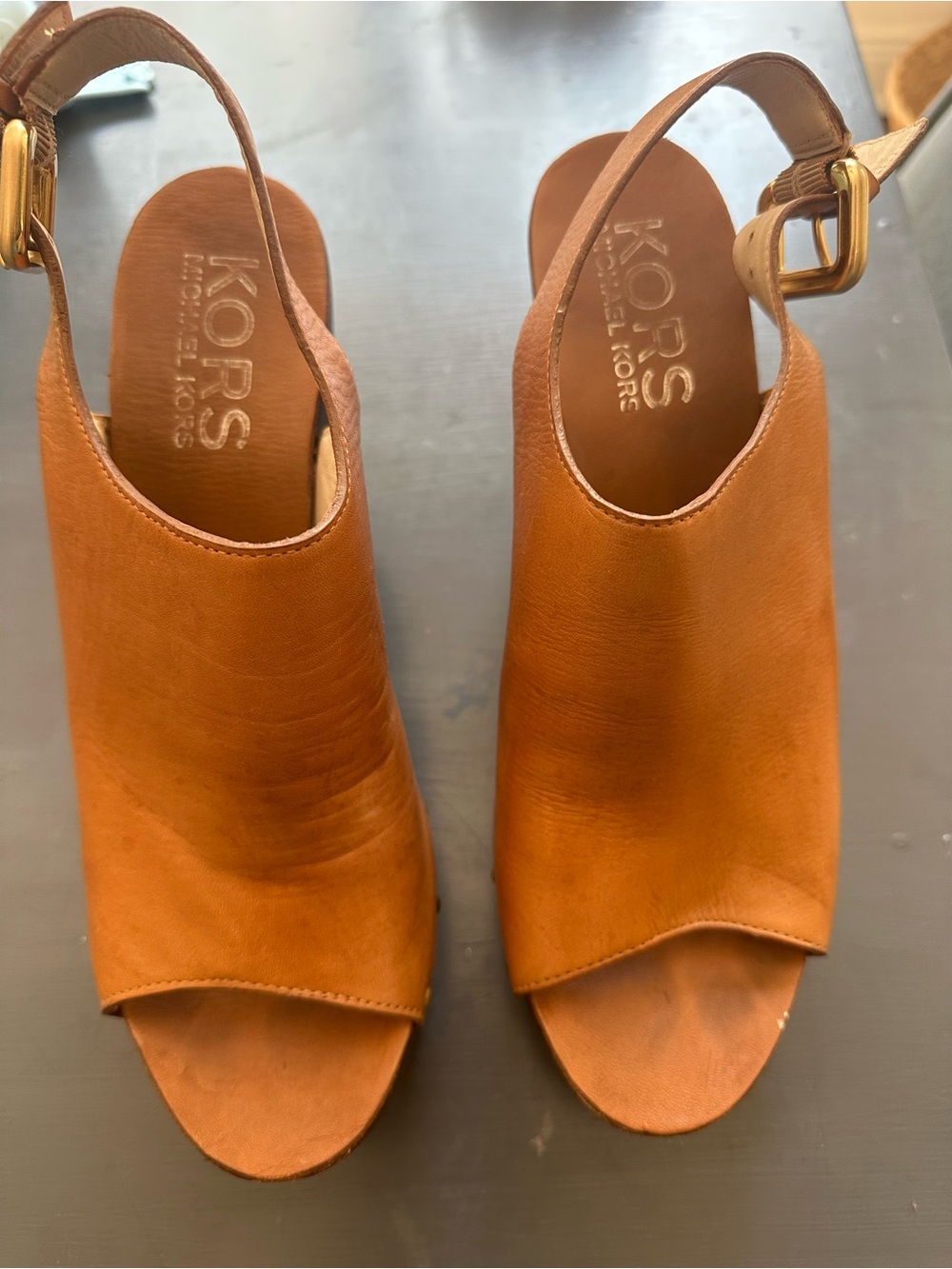 MICHAEL KORS Women's Chestnut Leather Open-Toe Slingback Chunky Wedges